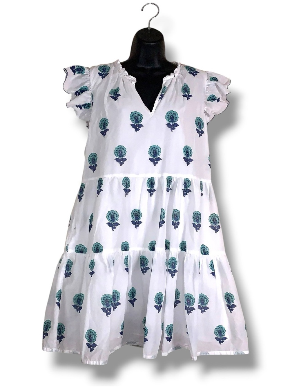 Large Sweet Magnolia White Teal Blue Floral Cotton Dress Short Sleeve Vneck